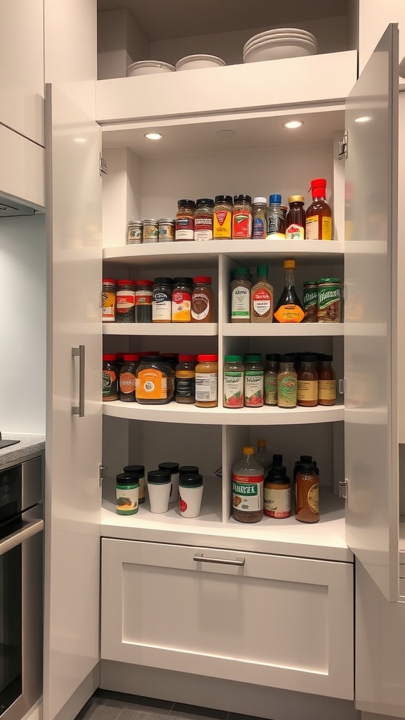 A kitchen corner cabinet with organized shelves featuring various spices and condiments, demonstrating the use of Lazy Susans for easy access.