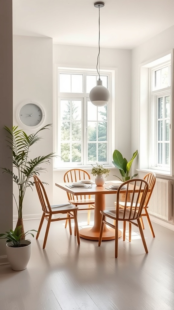 A small dining room with a round wooden table, light-colored chairs, and large windows letting in natural light.