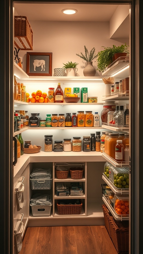 A well-organized corner kitchen pantry with bright lighting, showcasing shelves filled with jars, fruits, and decorative elements.