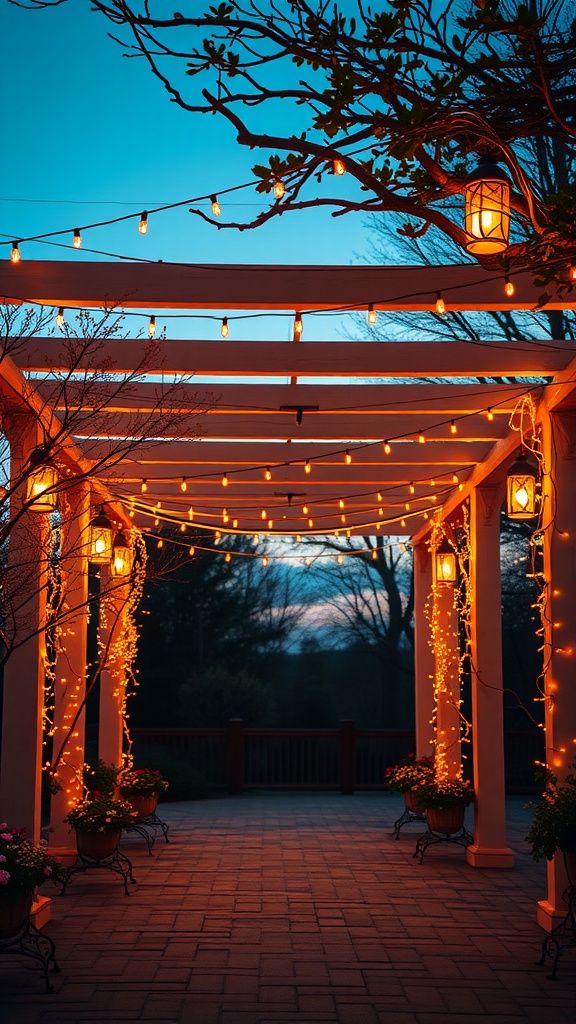 A beautifully lit pergola patio with string lights and lanterns, creating a warm and inviting atmosphere.