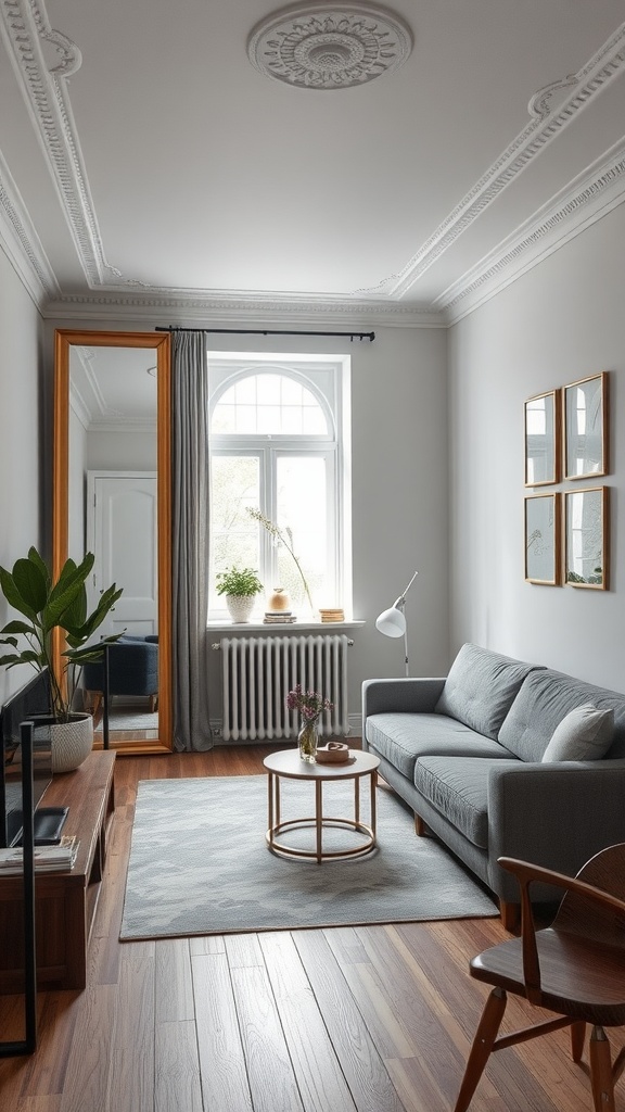 A cozy studio living room with a large mirror, reflecting natural light and enhancing depth.