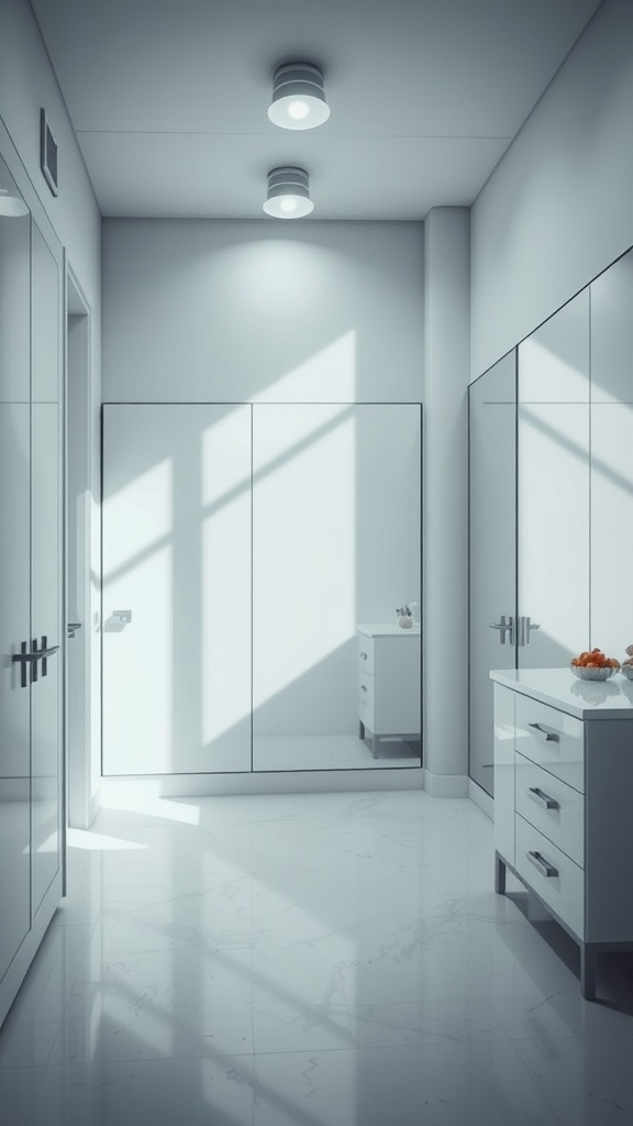 A modern dressing room with large mirrors, bright lighting, and minimalist design.