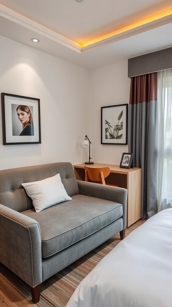 A small guest bedroom showcasing a cozy sofa, a compact desk, and tasteful decor.
