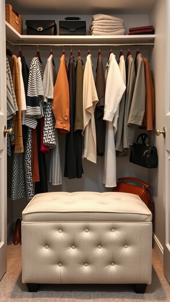 A small walk-in closet featuring organized clothes and a multi-functional storage ottoman.
