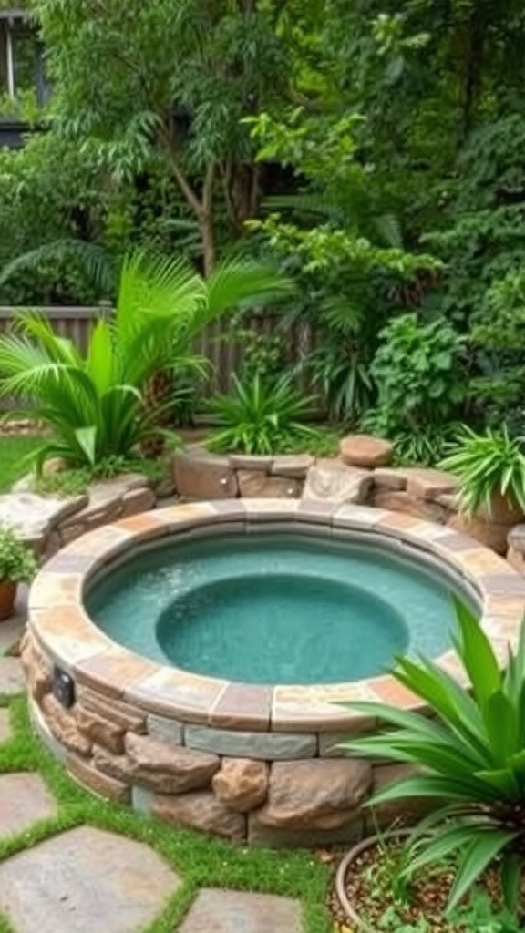 A backyard hot tub surrounded by lush greenery and natural stone pathways.