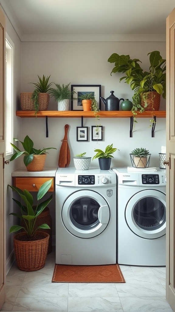 A stylish mudroom laundry room featuring plants, a wooden shelf, and two washing machines.