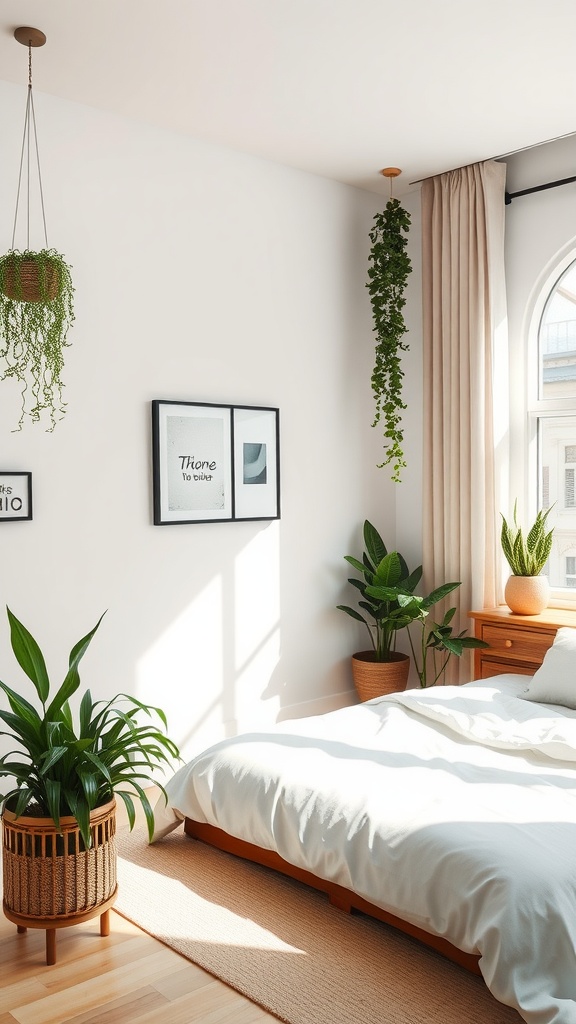 A minimalist bedroom with plants, a wooden bed, and soft sunlight.