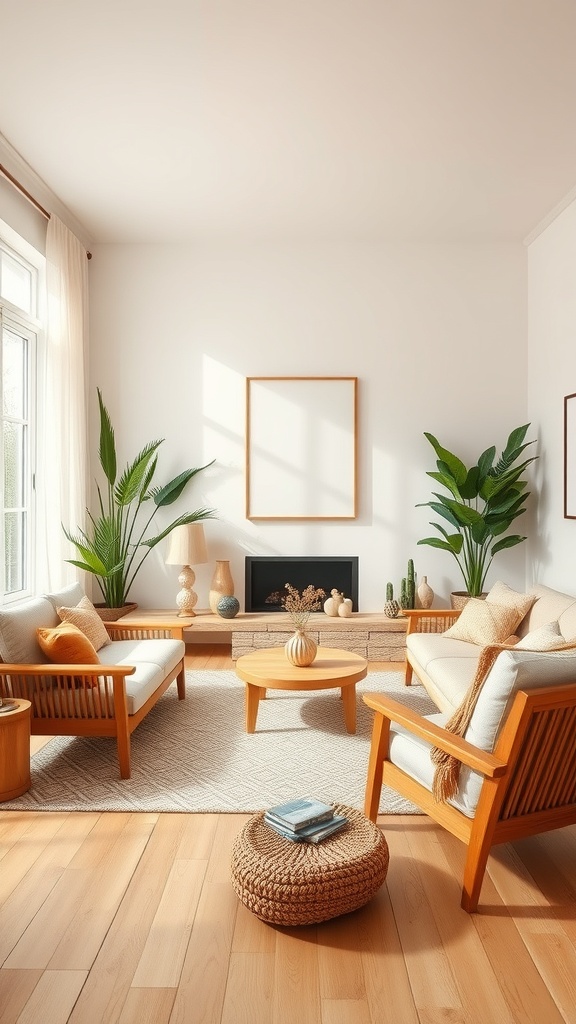 A cozy beige living room featuring wooden furniture, plants, and natural light.