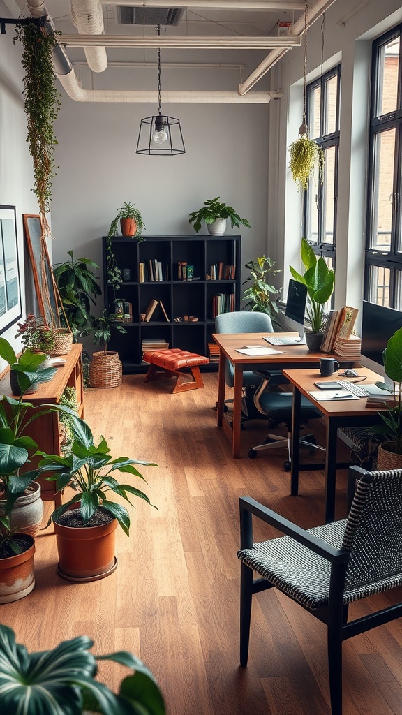 A serene office space filled with plants, wooden furniture, and natural light.