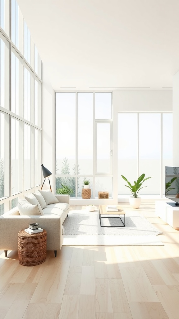 A bright and airy minimalist living room with large windows, light wood flooring, plants, and simple furnishings.