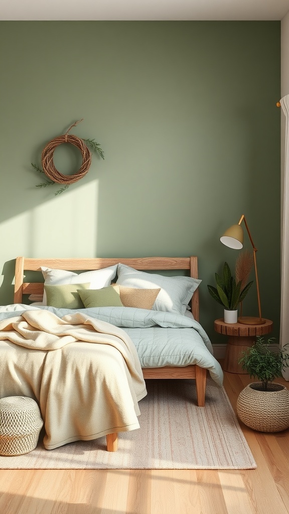 A cozy sage green bedroom featuring a wooden bed frame, soft bedding, and natural wood accents.