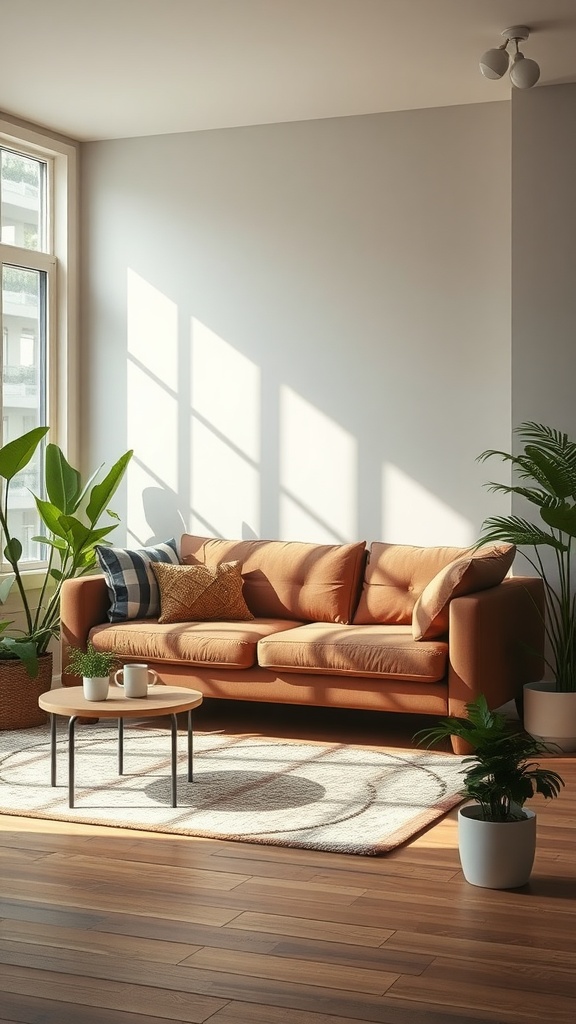 A cozy living room featuring a brown sofa with greenery around it.