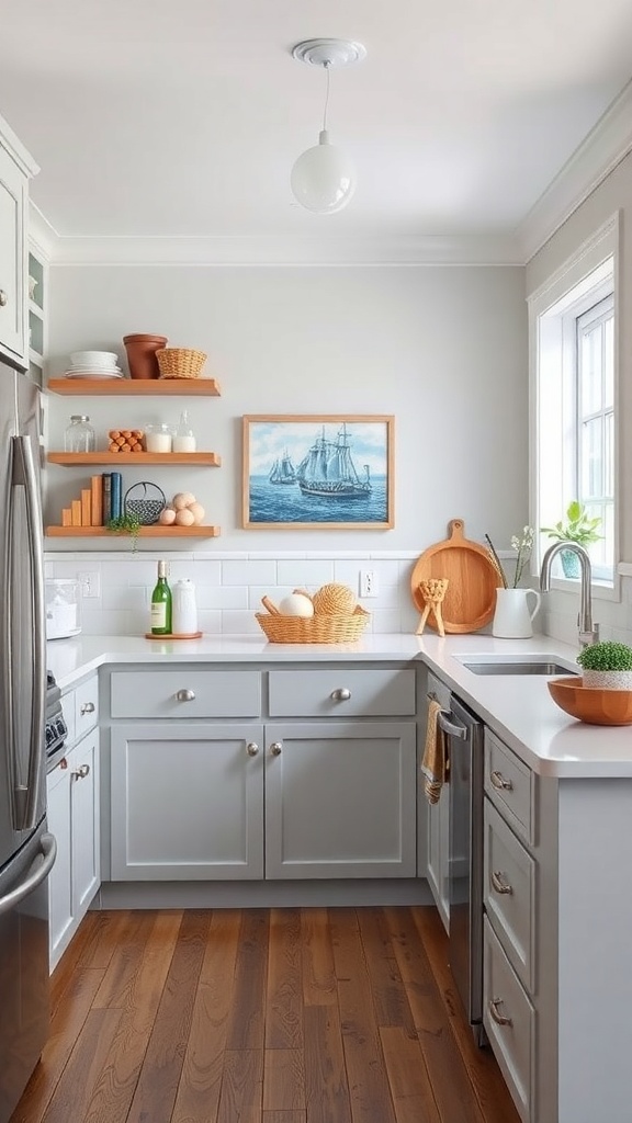 A coastal kitchen featuring light gray cabinets, white countertops, and nautical decor including a sailing ship painting.