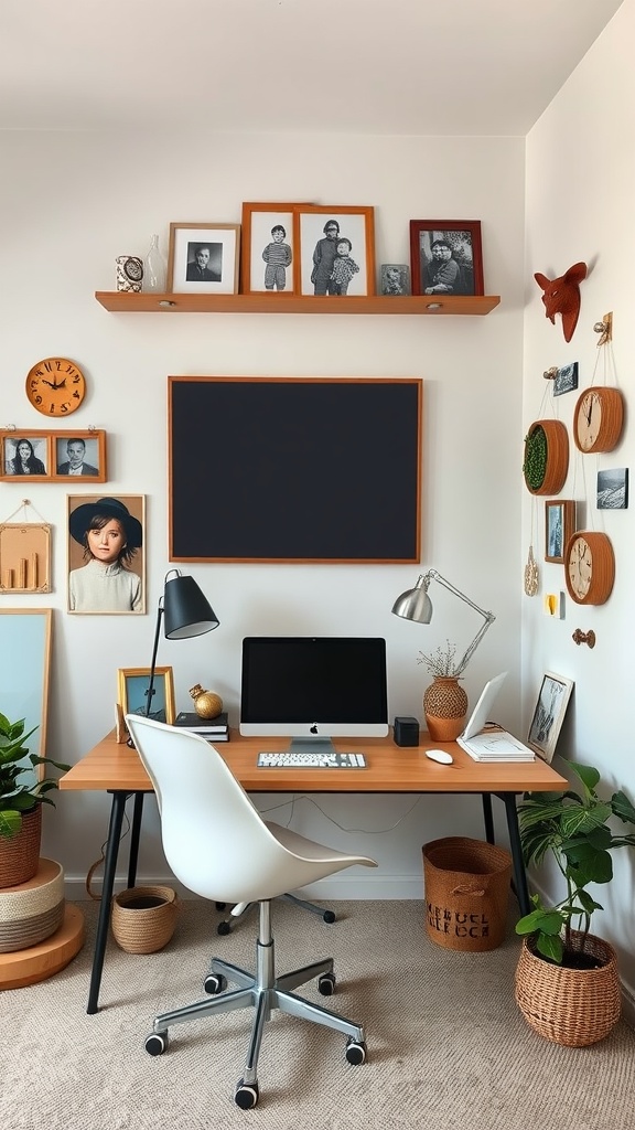 Cozy home office featuring personal touches like framed photos and plants.