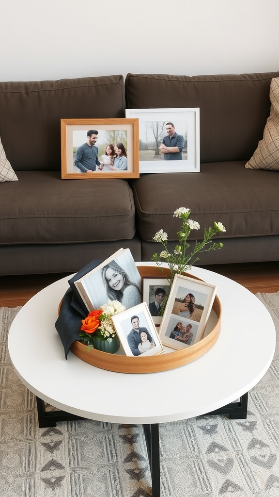 A round coffee table decorated with family photos and flowers