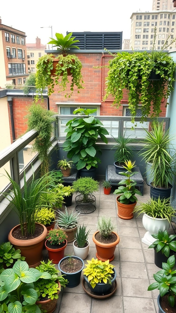 A collection of various potted plants on a rooftop patio, featuring hanging ferns and greenery.