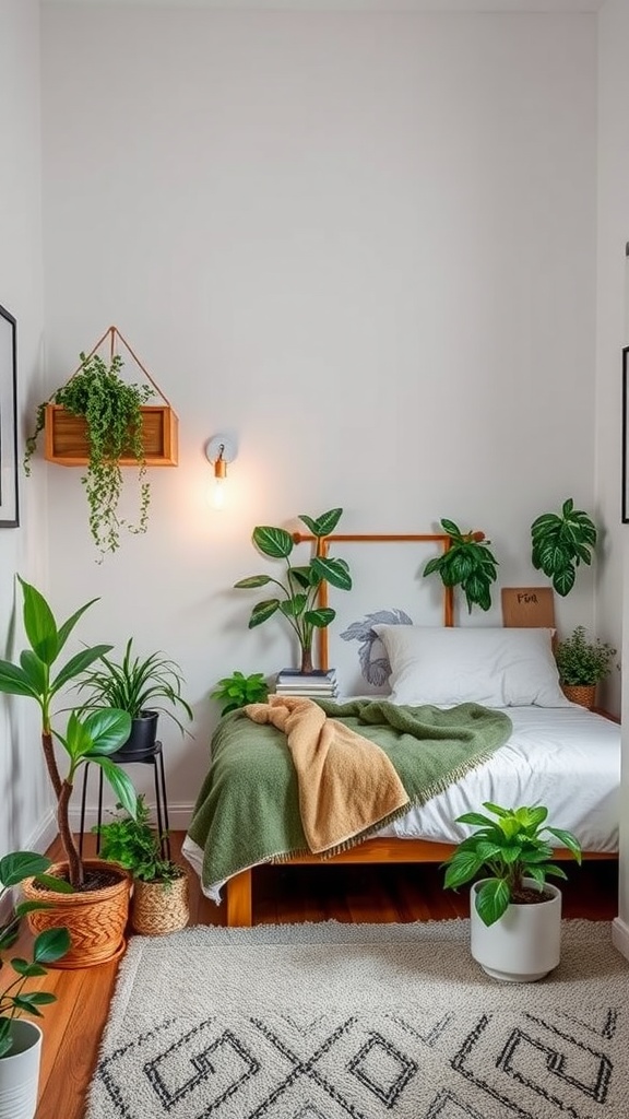 A small guest bedroom with various indoor plants, a cozy bed, and a stylish rug.