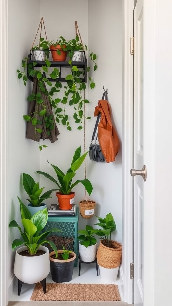 A small dressing room featuring various indoor plants in stylish pots, framed artwork on the wall, and a cozy rug on the floor.