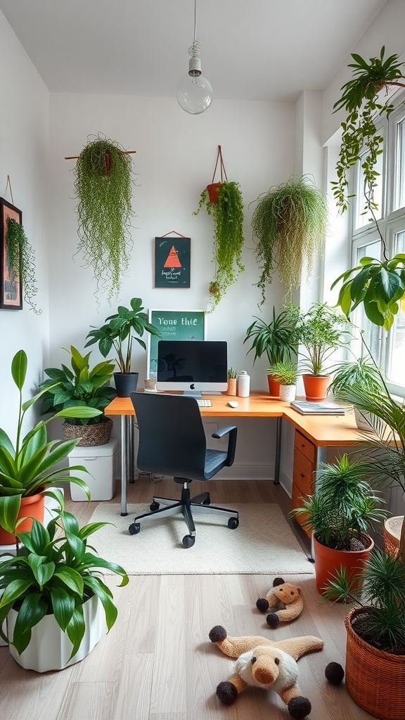 Home office with various green plants, a desk, and a computer.