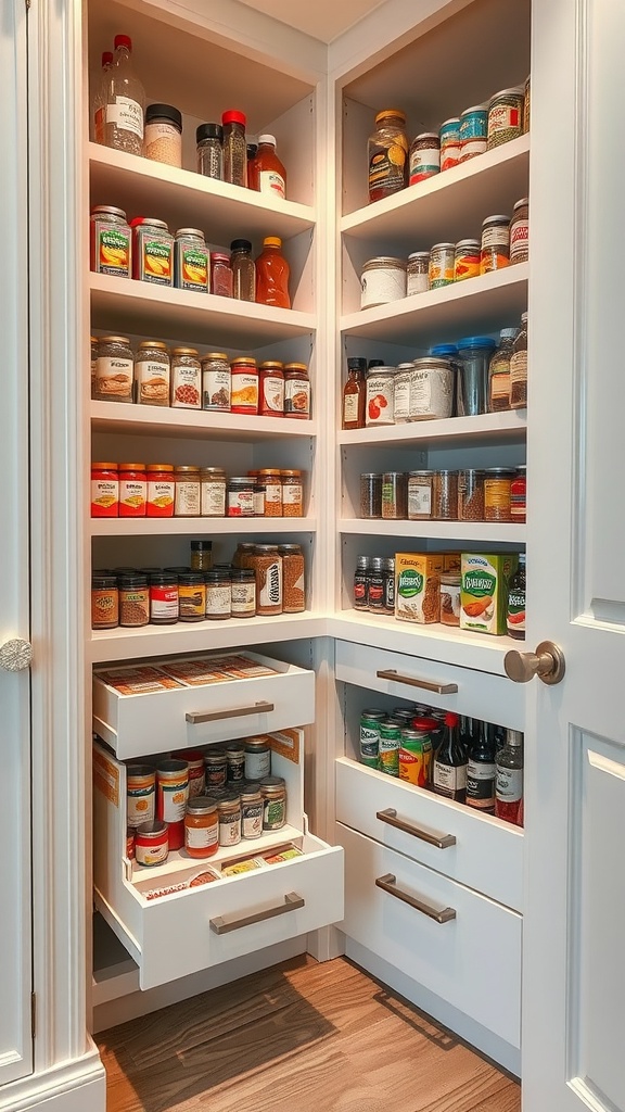 A corner kitchen pantry featuring organized pull-out drawers filled with spices and jars.