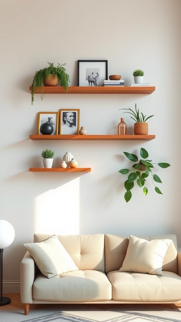 Wooden shelves with decorative items above a light-colored sofa