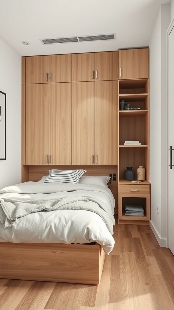 A cozy studio apartment featuring wooden cabinetry above the bed, built-in shelves, and storage integrated into the bed for a clean and organized look.