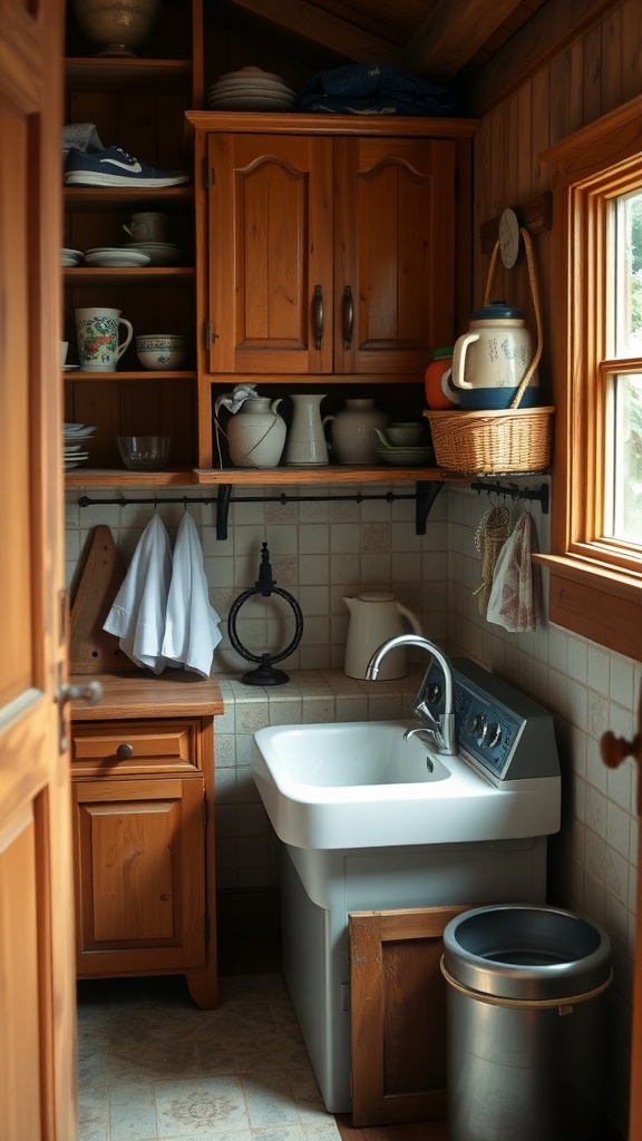 A rustic laundry room featuring wooden cabinets, a wash basin, and vintage decor.