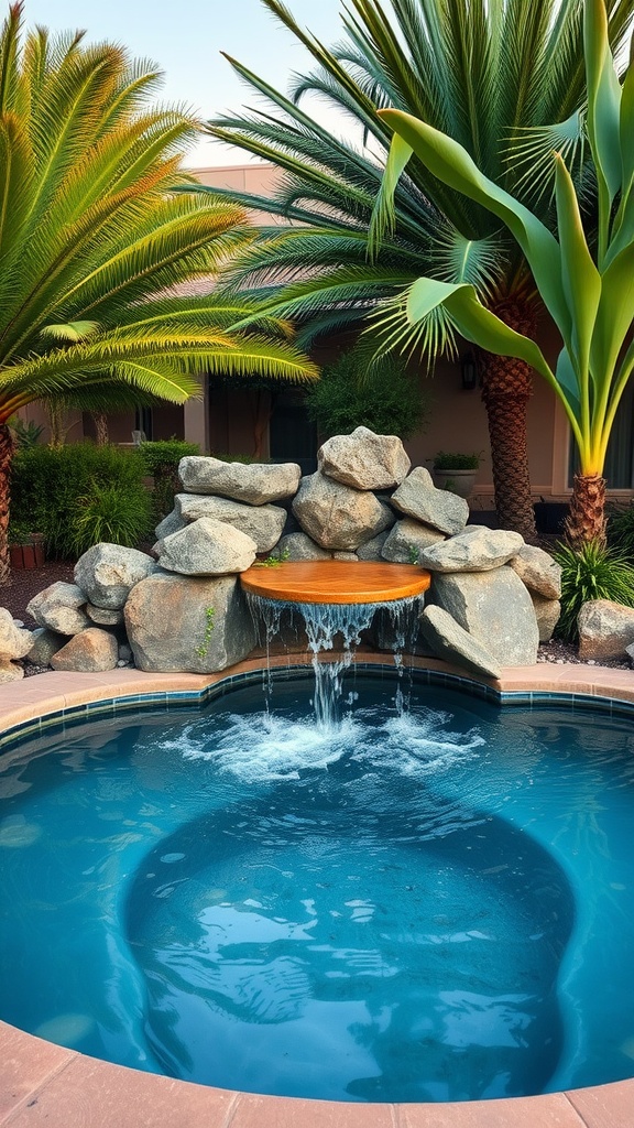 A backyard hot tub with a waterfall feature surrounded by palm trees and rocks.