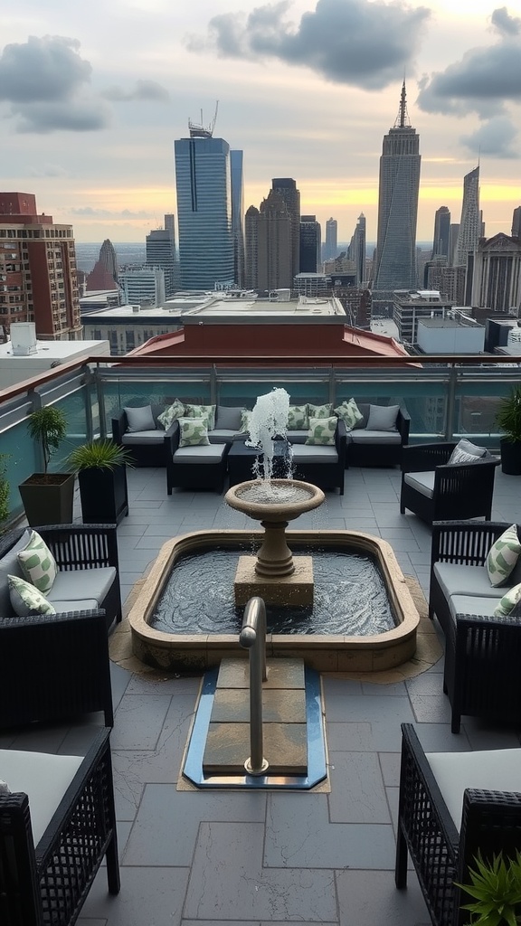 A rooftop patio featuring a fountain and seating with a city skyline in the background.