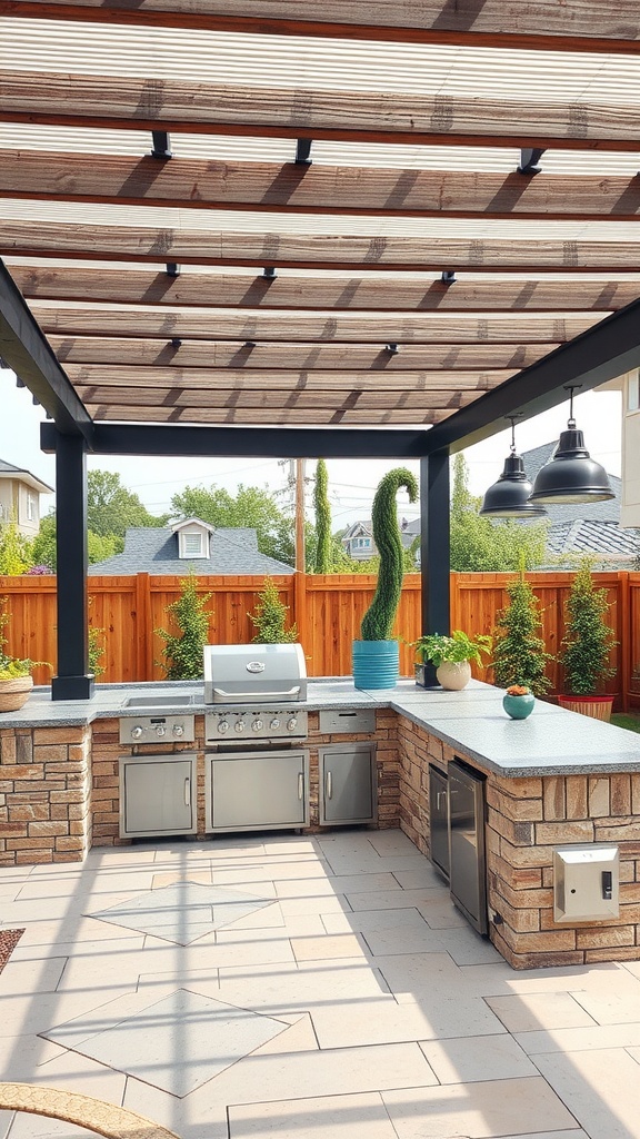 An outdoor kitchen patio featuring a pergola with modern appliances and a stylish design.
