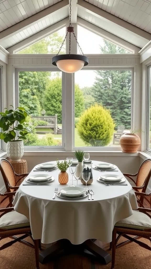 A bright indoor dining area with large windows, a round table set for a meal, and greenery outside.