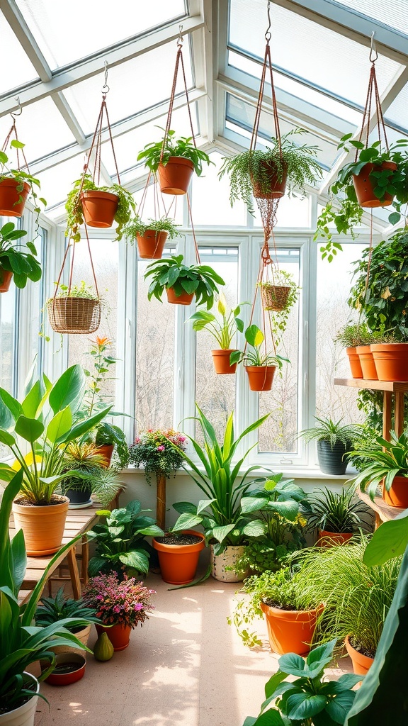 A sunroom filled with various indoor plants in terracotta pots, large windows allowing sunlight, and a cozy seating area.