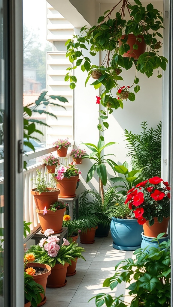 Indoor garden with various potted plants on a closed balcony