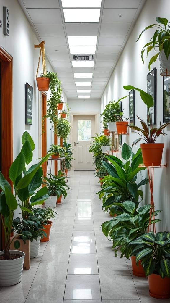 A hallway filled with various indoor plants in decorative pots.