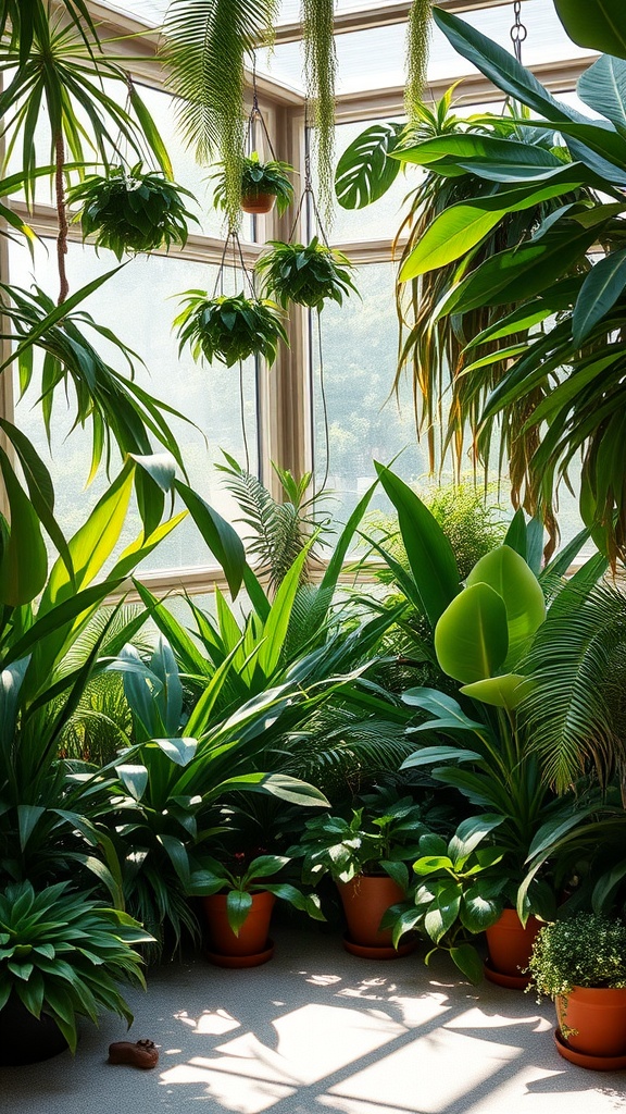 A vibrant indoor plant paradise with hanging plants and lush greenery.