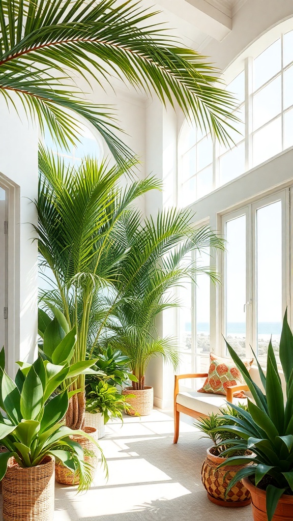 Bright room filled with indoor plants, including tall palm trees and vibrant greenery, creating a tropical atmosphere.