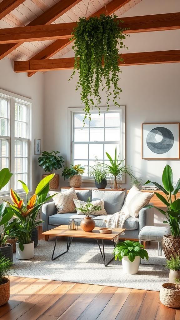 A modern farmhouse living room with various indoor plants, including a hanging plant, displayed around a cozy seating area.