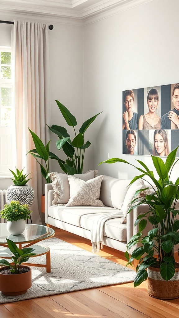 A bright living room featuring a light sofa, indoor plants, and a coffee table, with natural light illuminating the space.