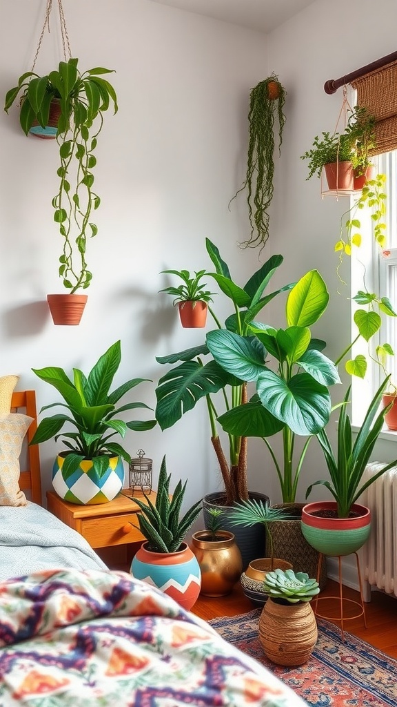 A cozy bedroom featuring various indoor plants, including hanging plants and large leafy greens, enhancing the bohemian decor.