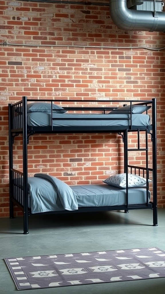 Industrial-style bunk bed against a brick wall
