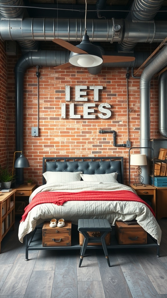 Industrial loft style bedroom featuring exposed brick walls, metal accents, and cozy furnishings.