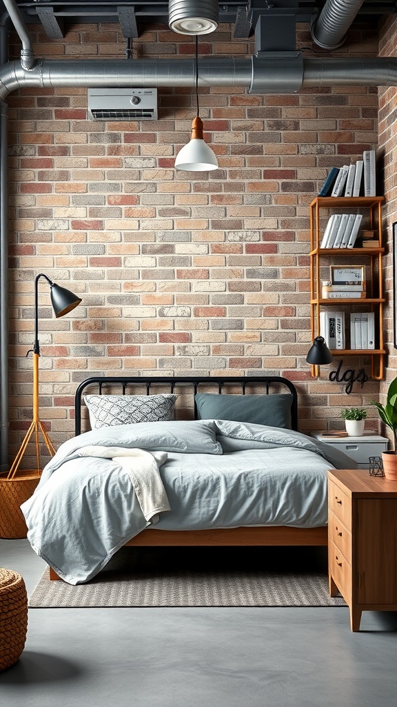 Teen boy bedroom with industrial style decor featuring exposed brick wall, metal bed frame, and stylish lighting.