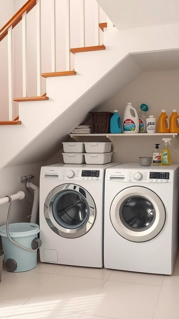 Laundry space under staircase with washing machines and organized shelves