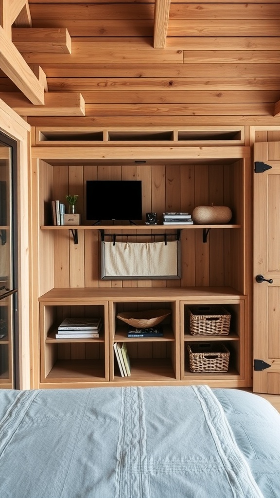 Wooden shelving unit in a barndominium with an open shelf, closed compartments, and a TV.
