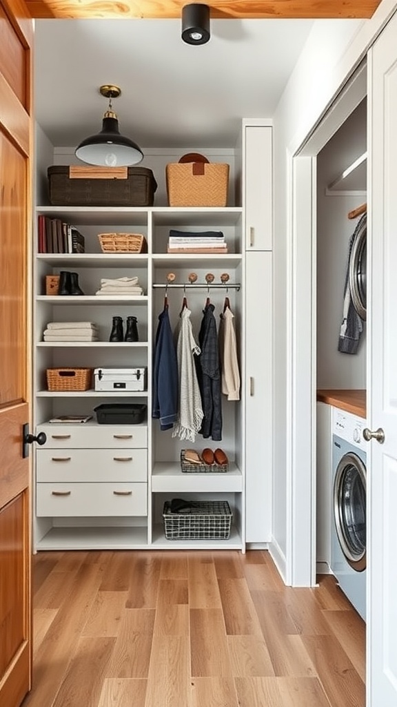 A well-organized storage area featuring shelves, drawers, and a laundry nook.