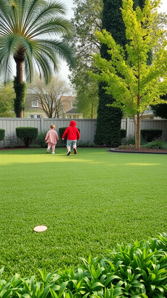 Two children walking on a green artificial lawn surrounded by plants and trees.