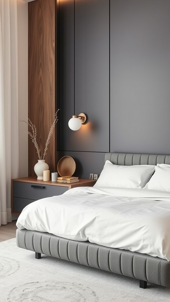 A modern corner bed with a tufted gray fabric design, paired with a wooden bedside table and a warm light fixture.