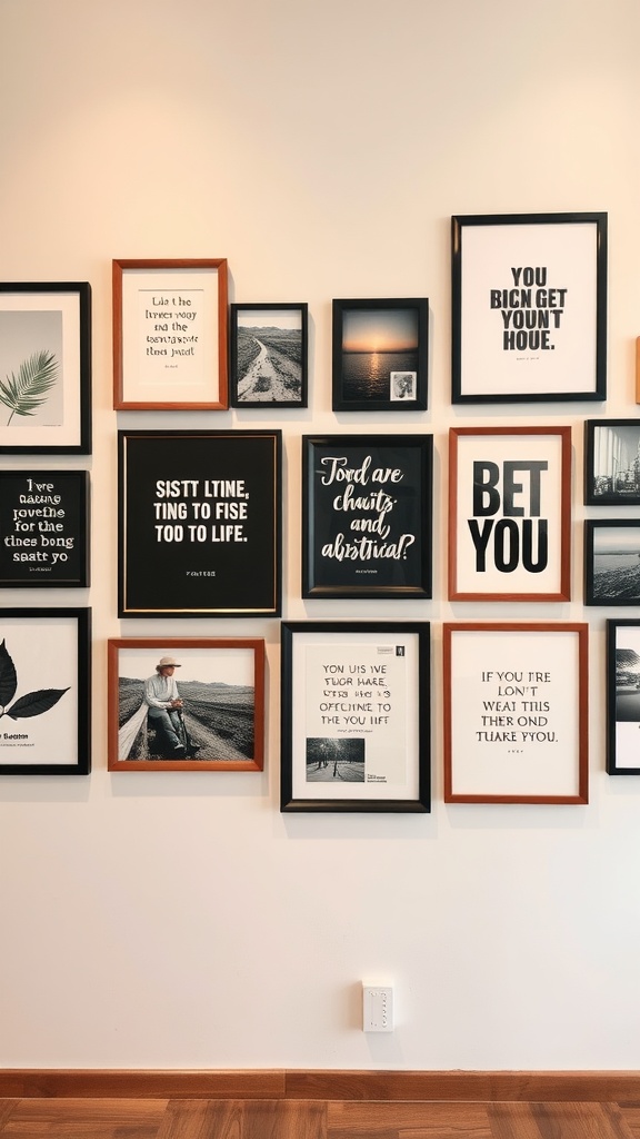 A wall displaying a collection of framed inspirational quotes and images in different styles and sizes.