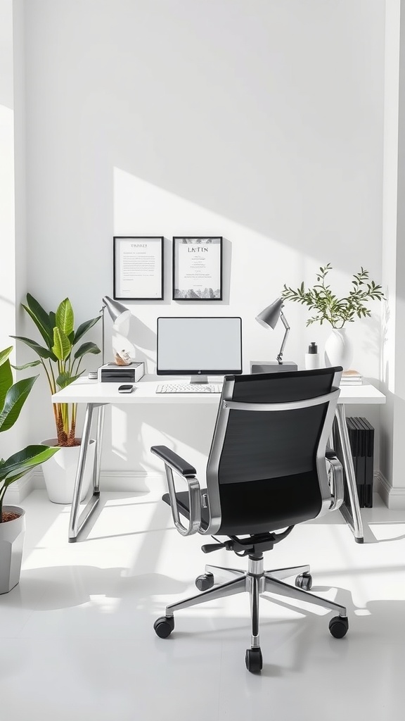 A minimalist home office with a sleek desk, black office chair, and green plants.