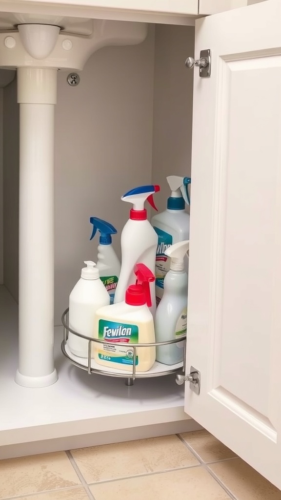 Under sink organization with a Lazy Susan holding cleaning supplies